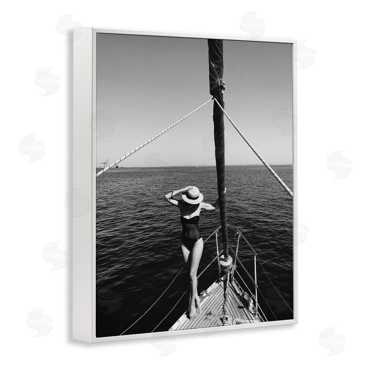 Woman Posing on Boat White Frame Print Wall Art, Home Decor by LSR Design Studio