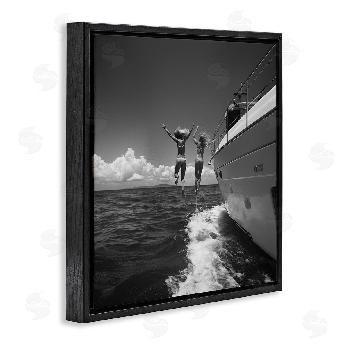 Jumping Into Ocean Black Floating Frame Canvas Wall Art, Home Decor by LSR Design Studio