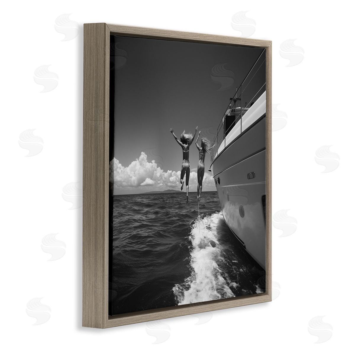 Jumping Into Ocean Brown Floating Frame Canvas Wall Art, Home Decor by LSR Design Studio