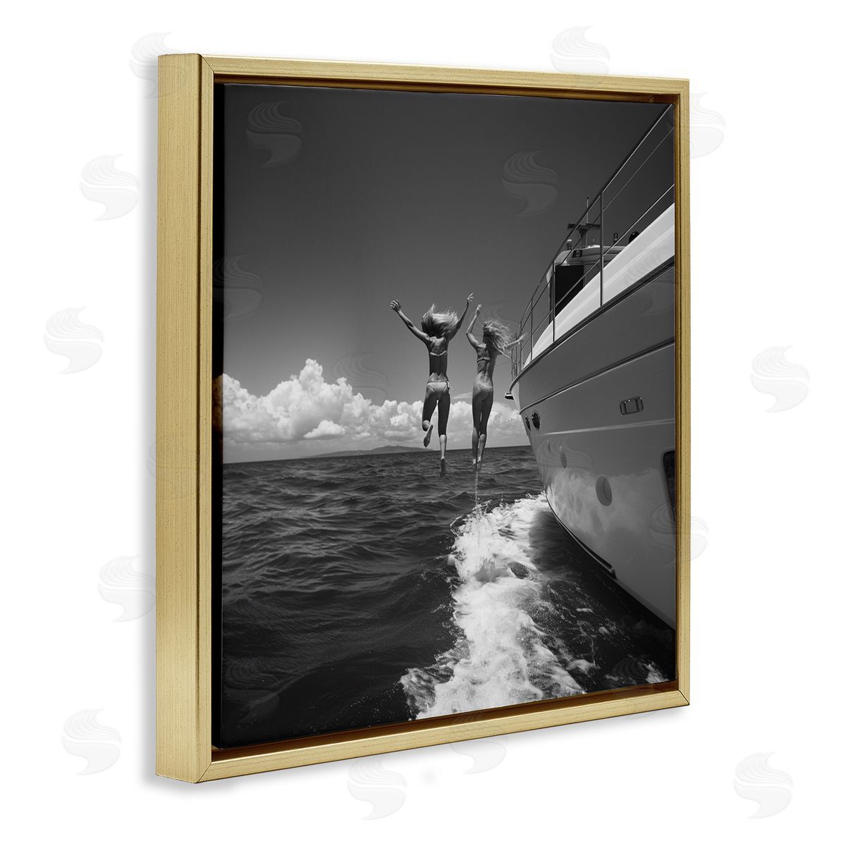 Jumping Into Ocean Gold Floating Frame Canvas Wall Art, Home Decor by LSR Design Studio
