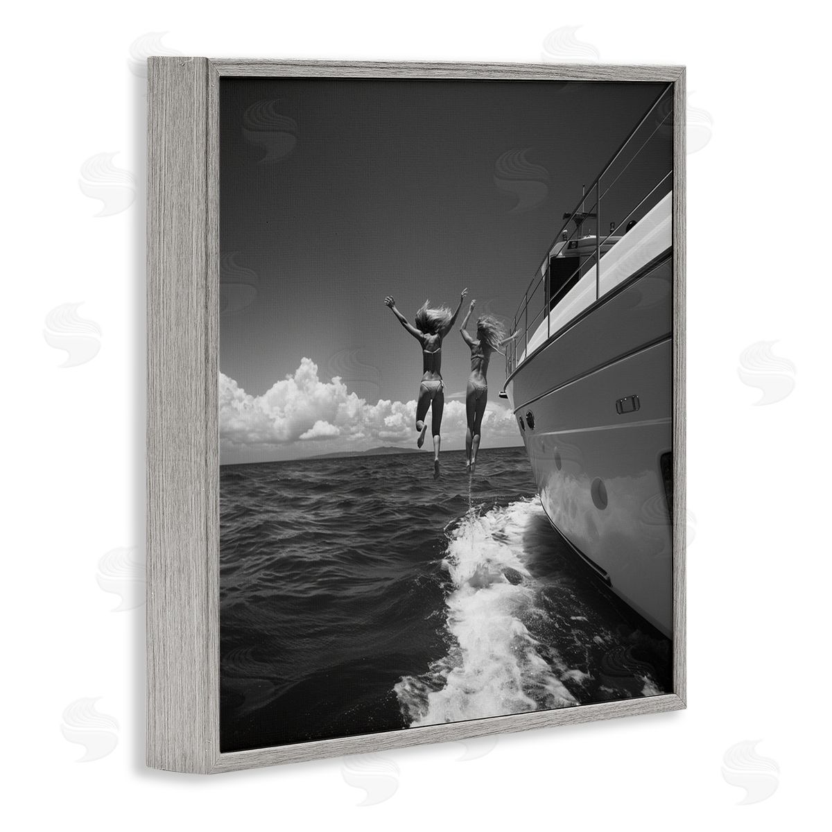 Jumping Into Ocean Grey Frame Print Wall Art, Home Decor by LSR Design Studio