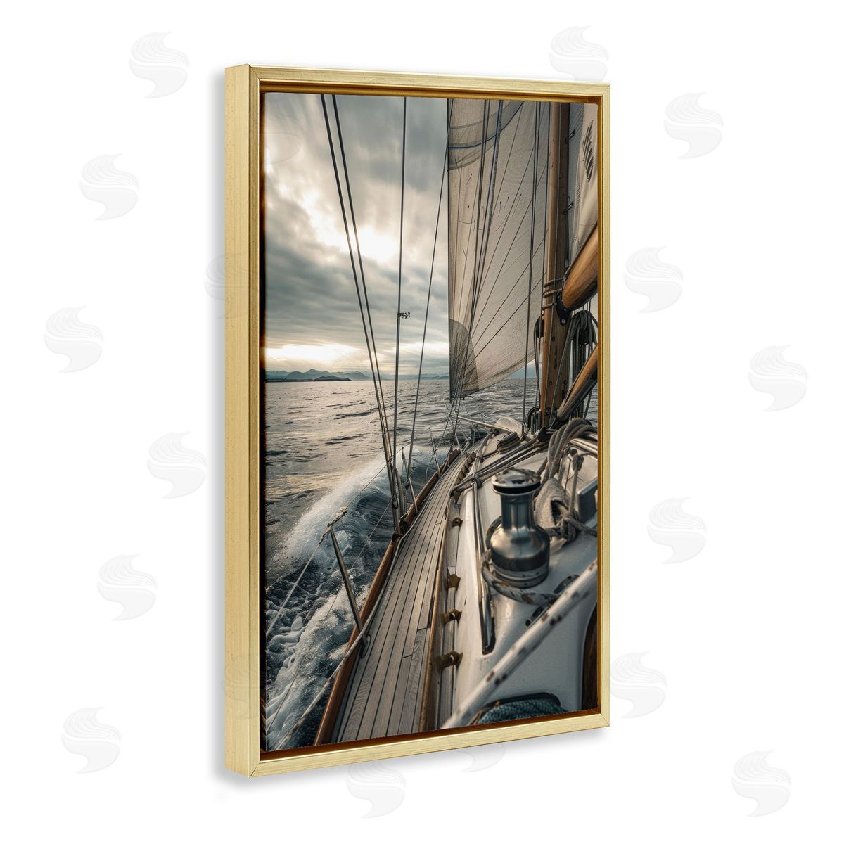 Sailing Boat Wake Waves Gold Floating Frame Canvas Wall Art, Home Decor by LSR Design Studio