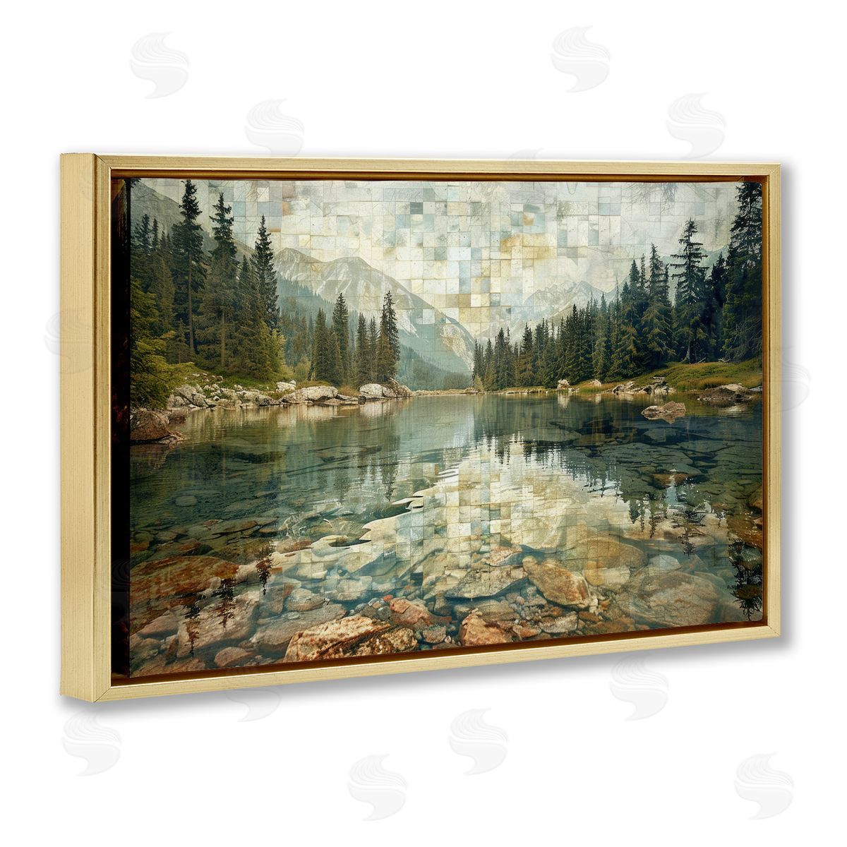 Tiled Mountain Landscape Gold Floating Frame Canvas Wall Art, Home Decor by LSR Design Studio