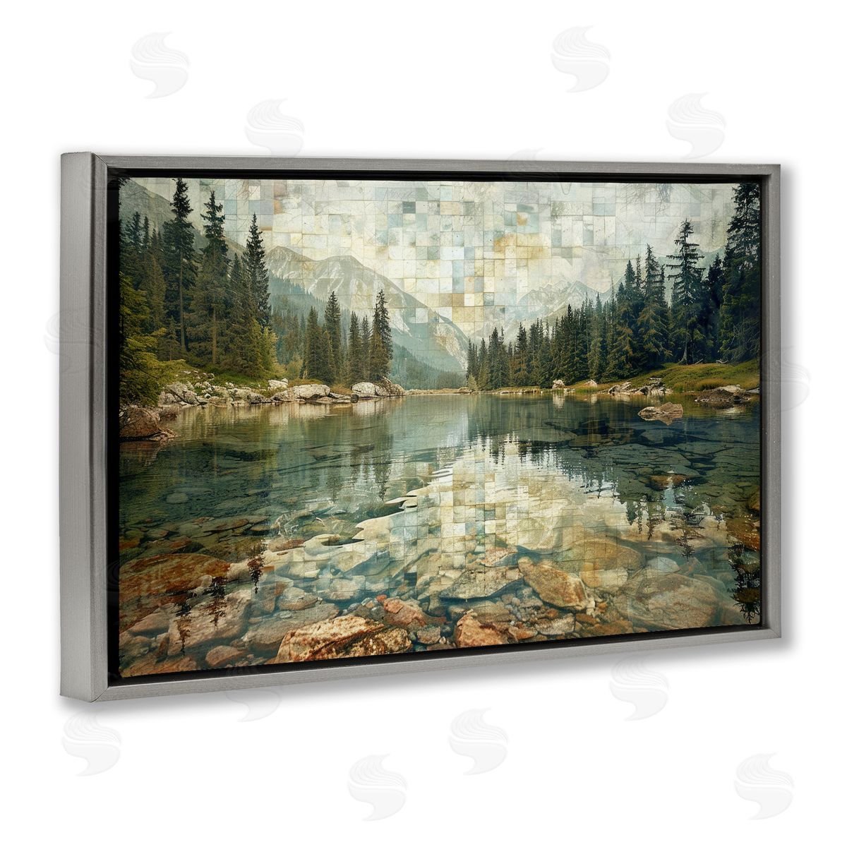 Tiled Mountain Landscape Grey Floating Frame Canvas Wall Art, Home Decor by LSR Design Studio