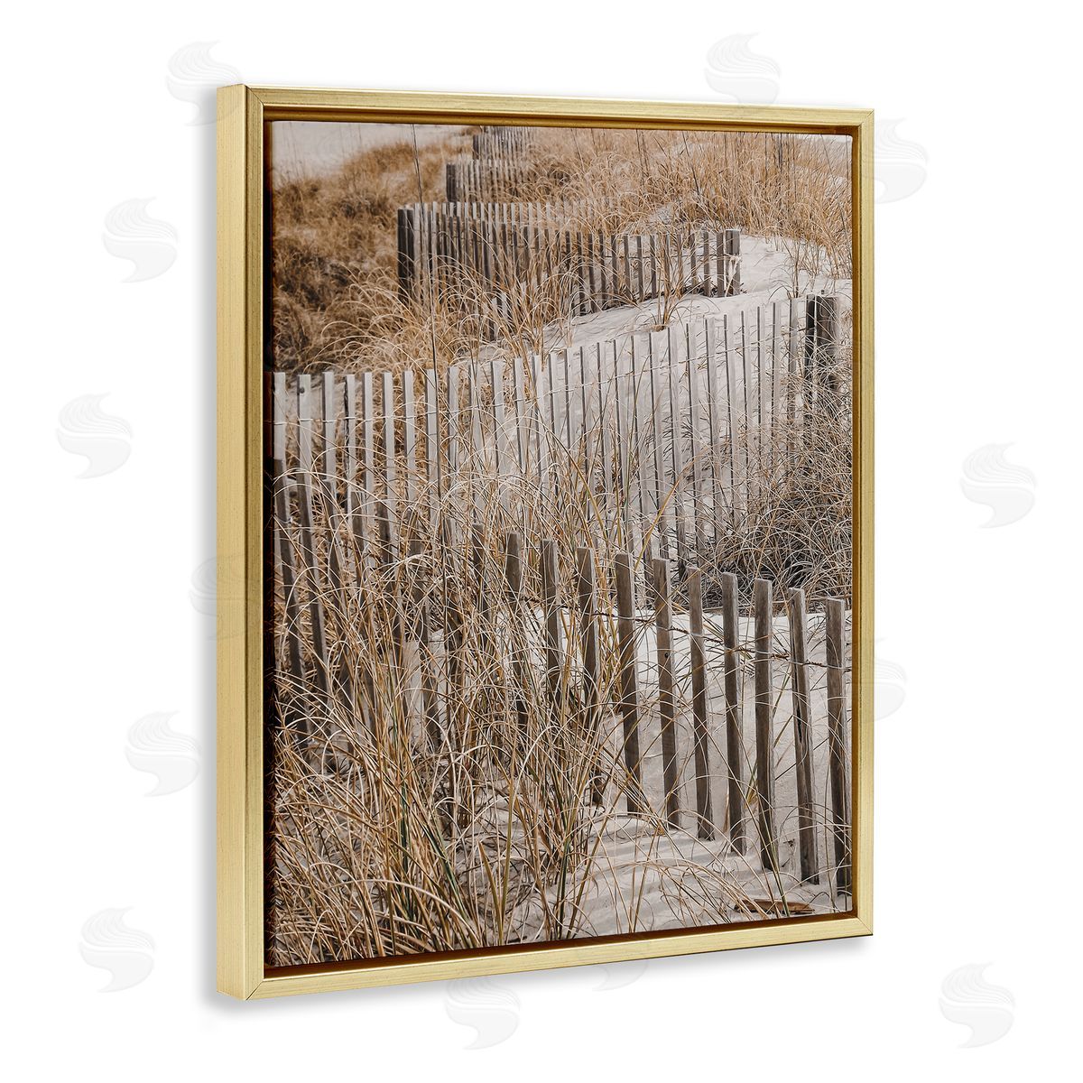 Snaking Beach Fence Gold Floating Frame Canvas Wall Art, Home Decor by LSR Design Studio