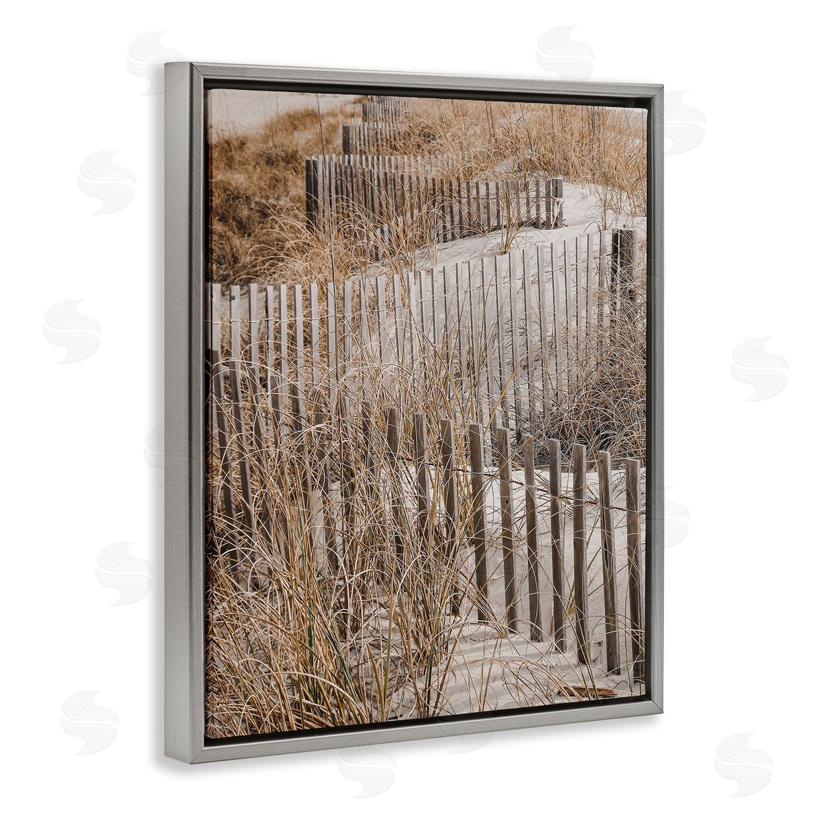 Snaking Beach Fence Grey Floating Frame Canvas Wall Art, Home Decor by LSR Design Studio