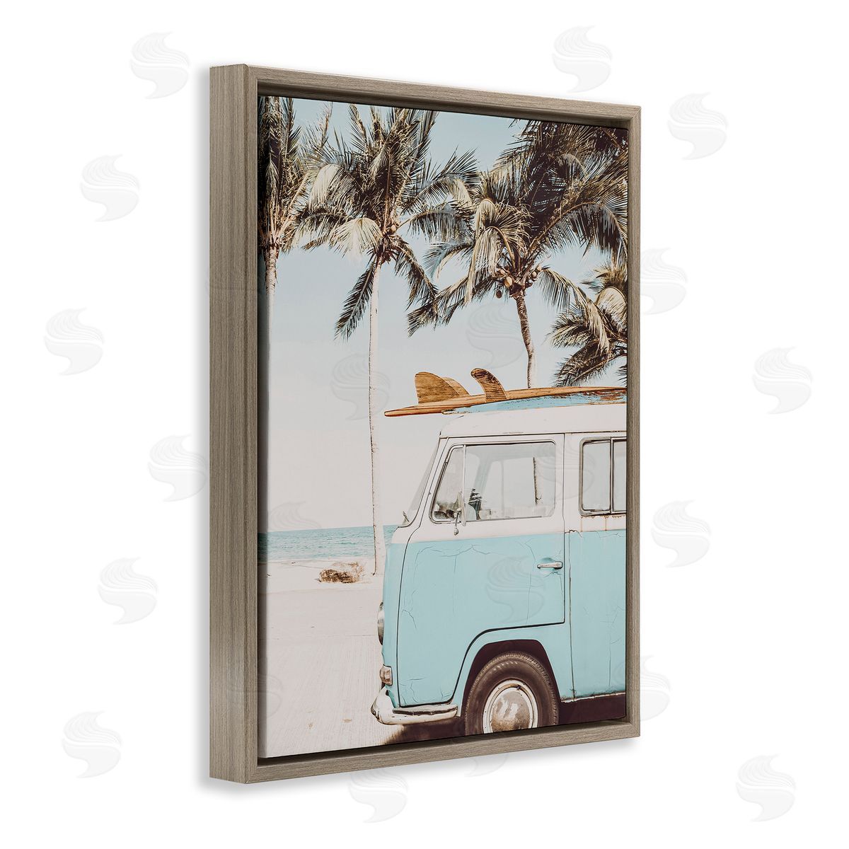 Retro Surfboard & Van Brown Floating Frame Canvas Wall Art, Home Decor by LSR Design Studio