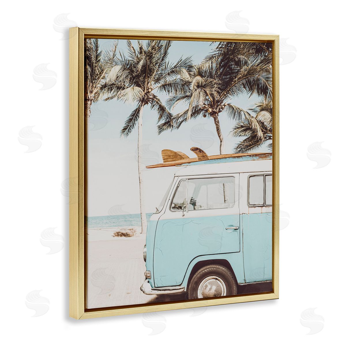 Retro Surfboard & Van Gold Floating Frame Canvas Wall Art, Home Decor by LSR Design Studio