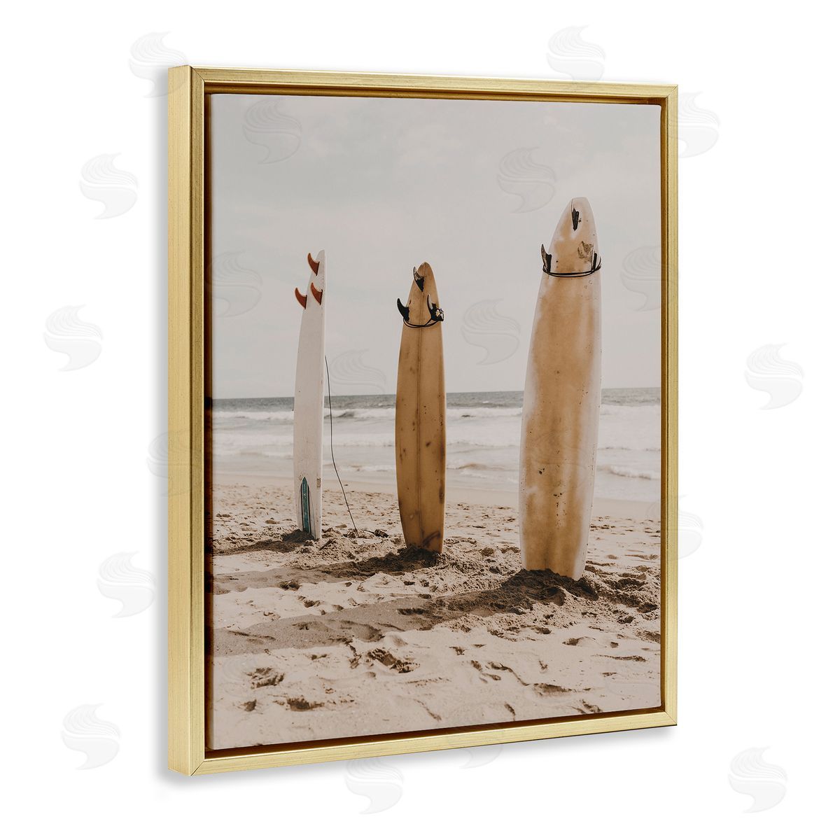 Coastal Standing Surfboards Gold Floating Frame Canvas Wall Art, Home Decor by LSR Design Studio