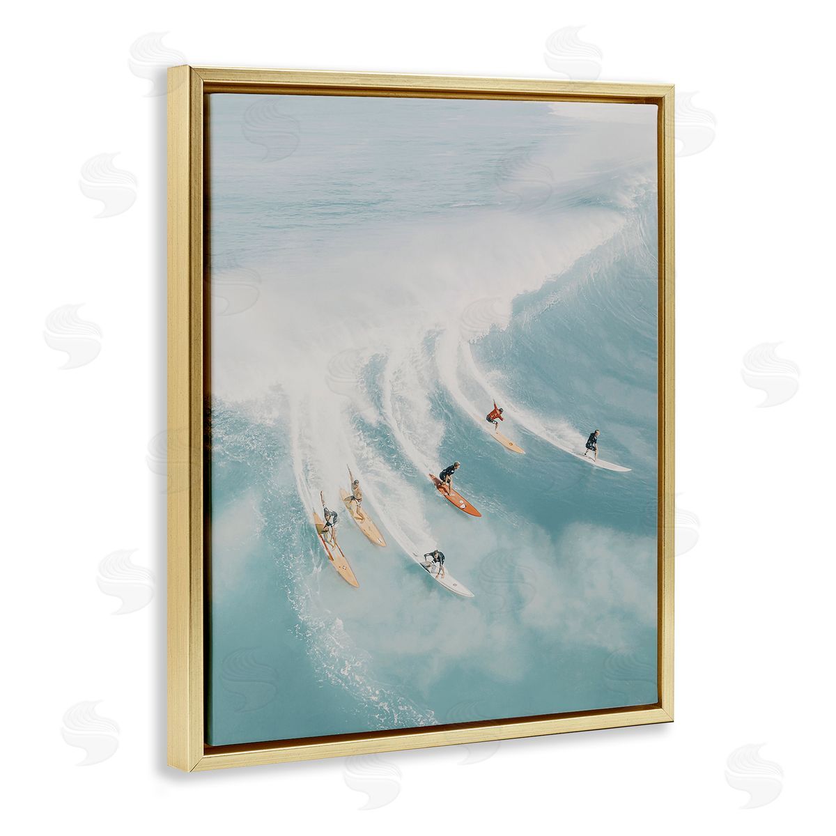 Surfing Race Seascape Gold Floating Frame Canvas Wall Art, Home Decor by LSR Design Studio