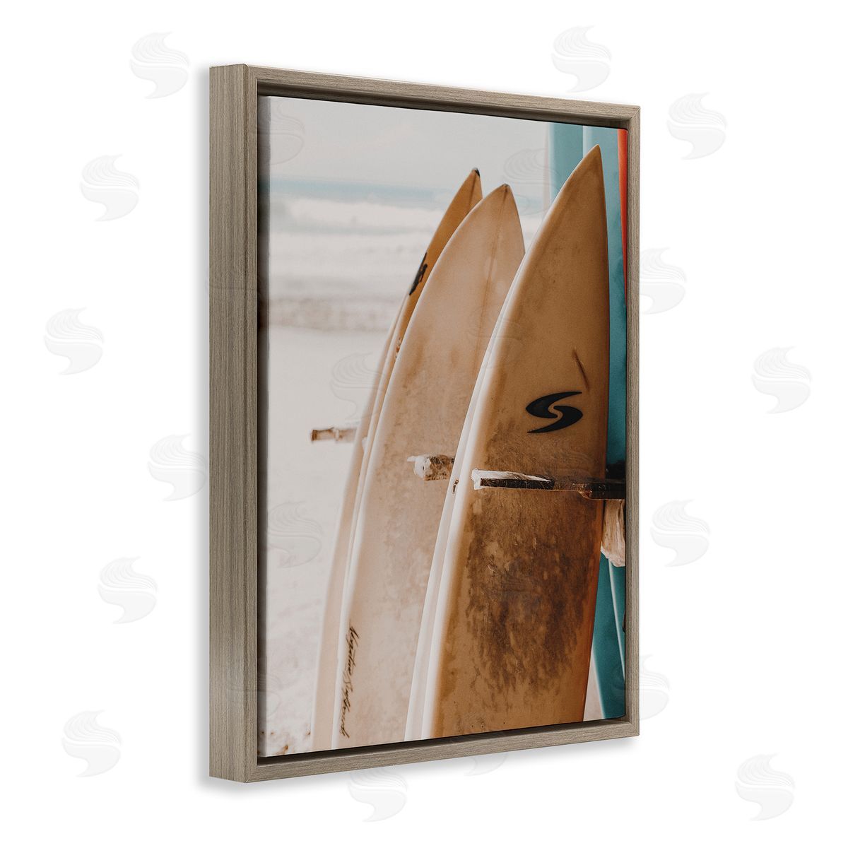 Lined Up Surfboards Brown Floating Frame Canvas Wall Art, Home Decor by LSR Design Studio