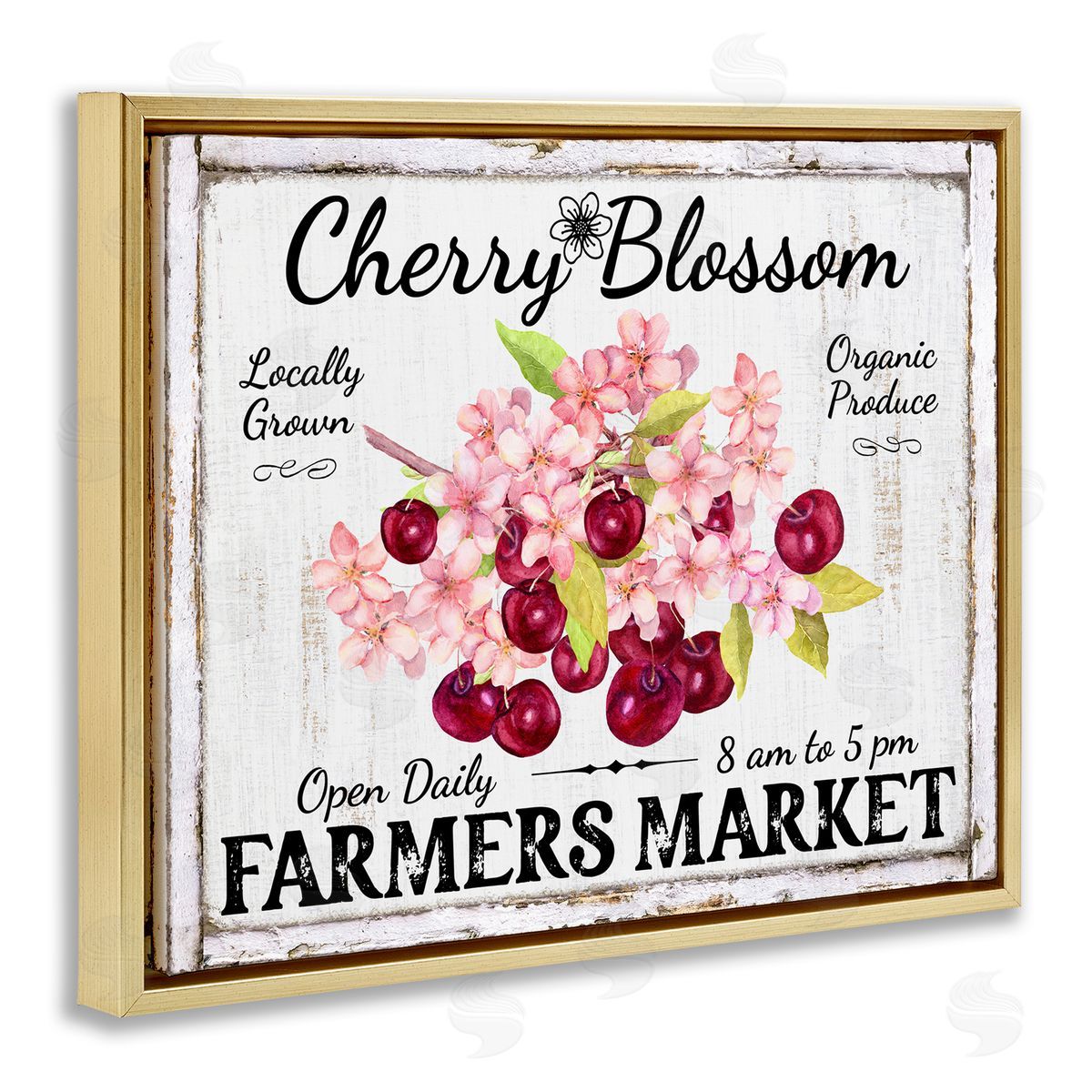 Cherry Blossom Farmer's Market Gold Floating Frame Canvas Wall Art, Home Decor by Creatif Belle