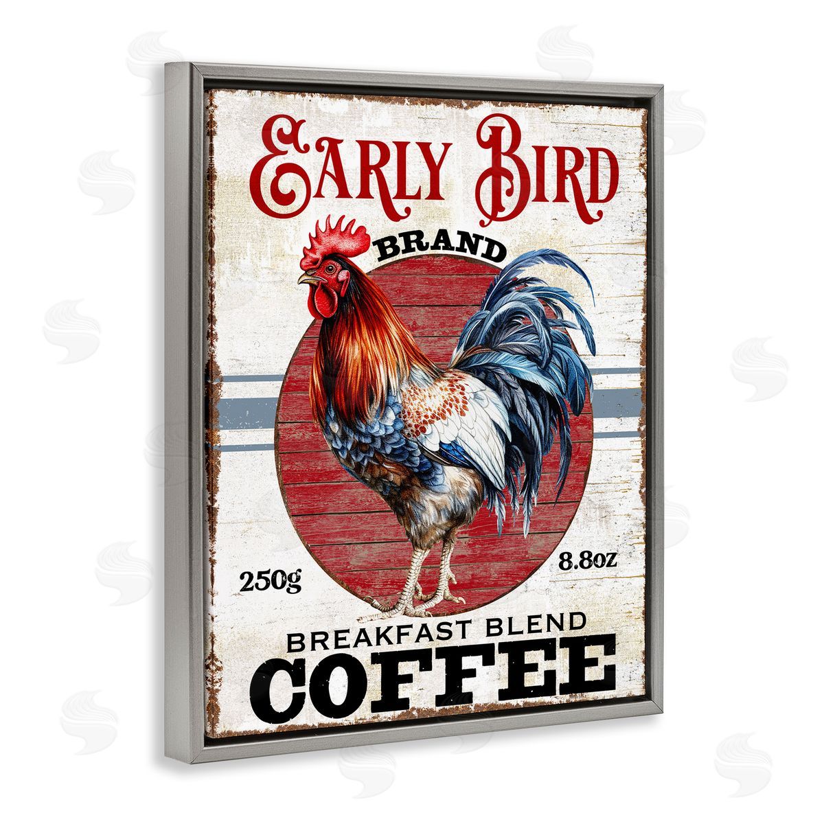 Vintage Early Bird Coffee Grey Floating Frame Canvas Wall Art, Home Decor by Creatif Belle