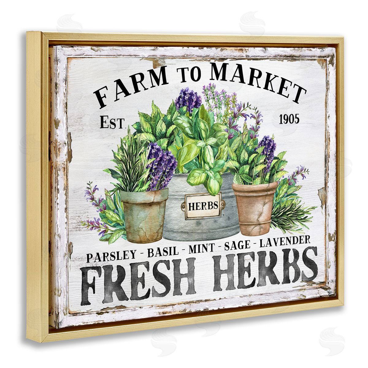 Farmhouse Fresh Herbs Gold Floating Frame Canvas Wall Art, Home Decor by Creatif Belle