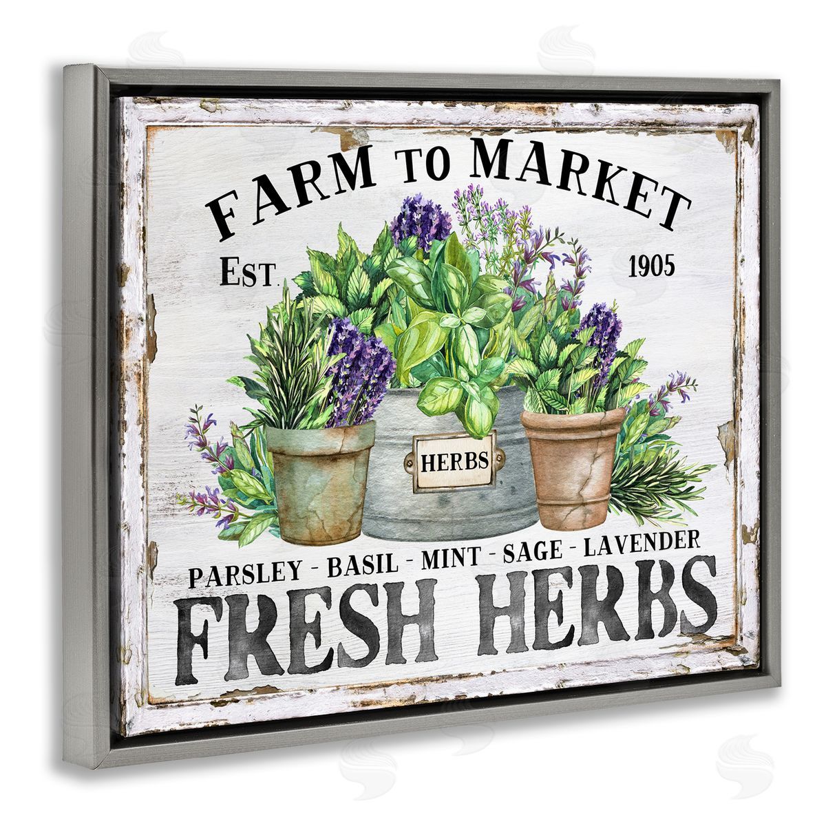 Farmhouse Fresh Herbs Grey Floating Frame Canvas Wall Art, Home Decor by Creatif Belle