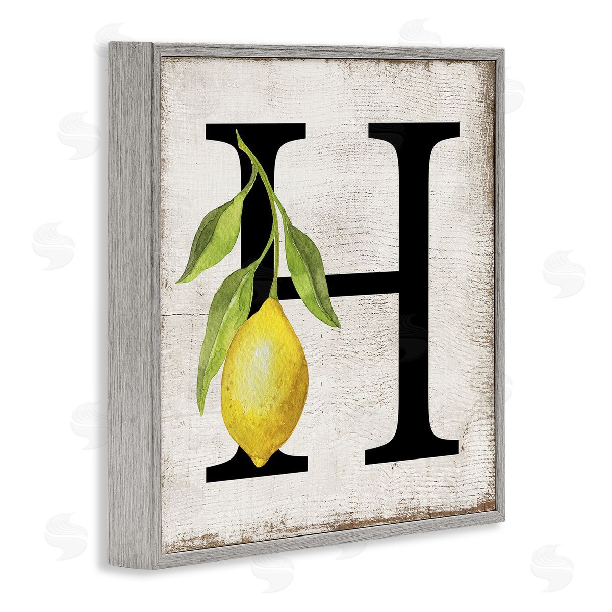 H with Lemon Letter Grey Frame Print Wall Art, Home Decor by Creatif Belle