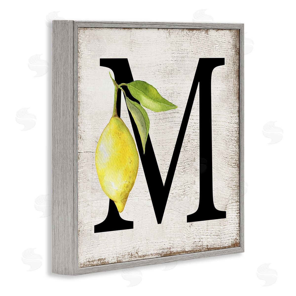 M with Lemon Letter Grey Frame Print Wall Art, Home Decor by Creatif Belle