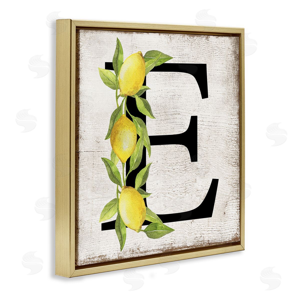 E with Lemon Letter Gold Floating Frame Canvas Wall Art, Home Decor by Creatif Belle