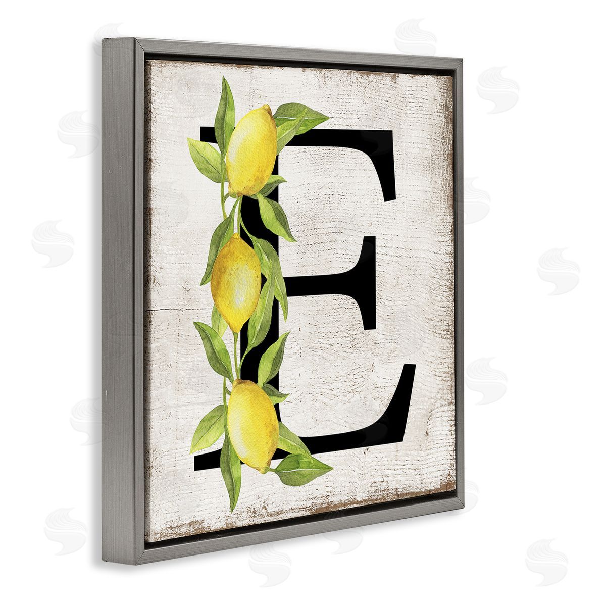 E with Lemon Letter Grey Floating Frame Canvas Wall Art, Home Decor by Creatif Belle