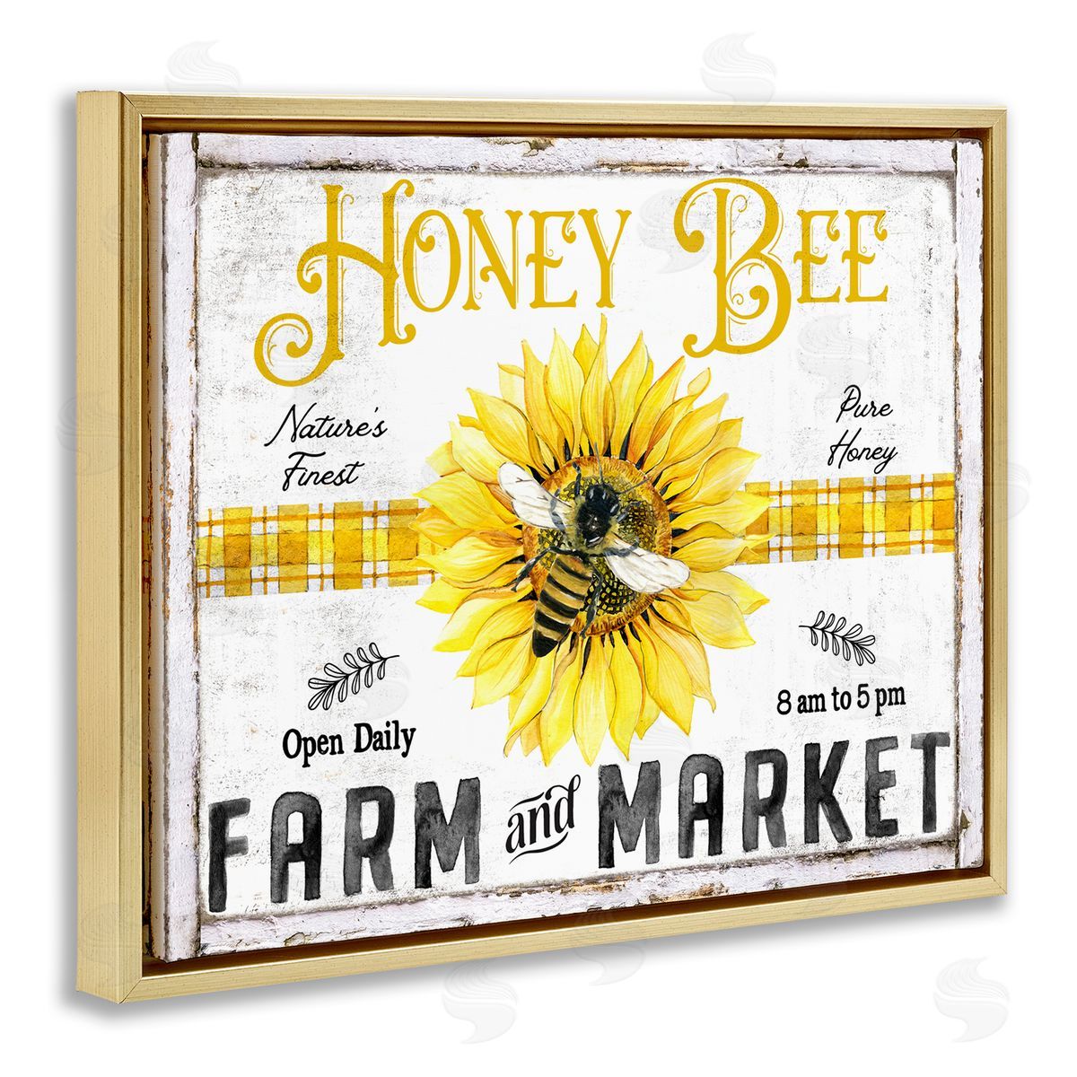 Rustic Honey Bee & Flower Gold Floating Frame Canvas Wall Art, Home Decor by Creatif Belle