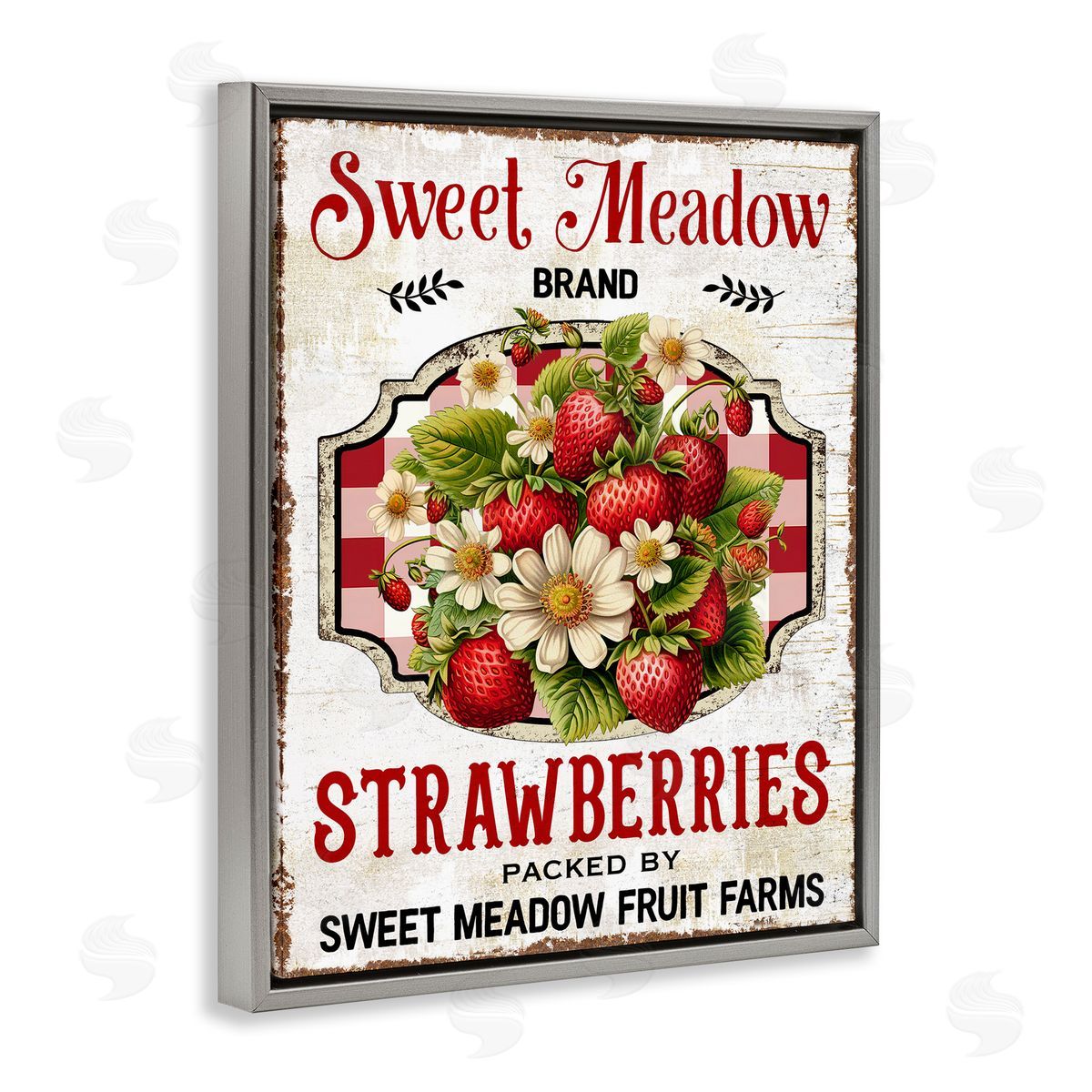 Sweet Meadow Strawberries Grey Floating Frame Canvas Wall Art, Home Decor by Creatif Belle