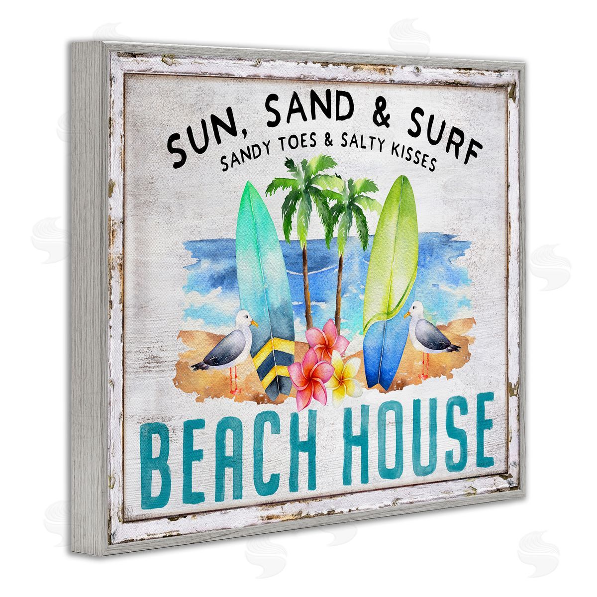 Vintage Sun Sand & Surf Grey Frame Print Wall Art, Home Decor by Creatif Belle