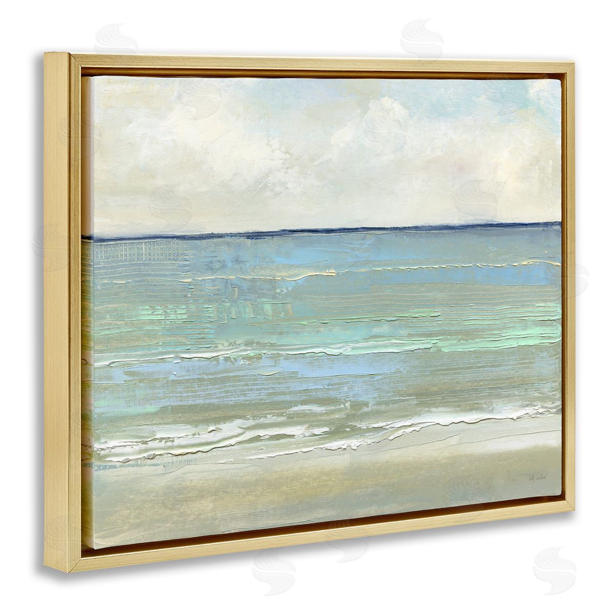 Horizontal Beach Brush Strokes Gold Floating Frame Canvas Wall Art, Home Decor by Sally Swatland