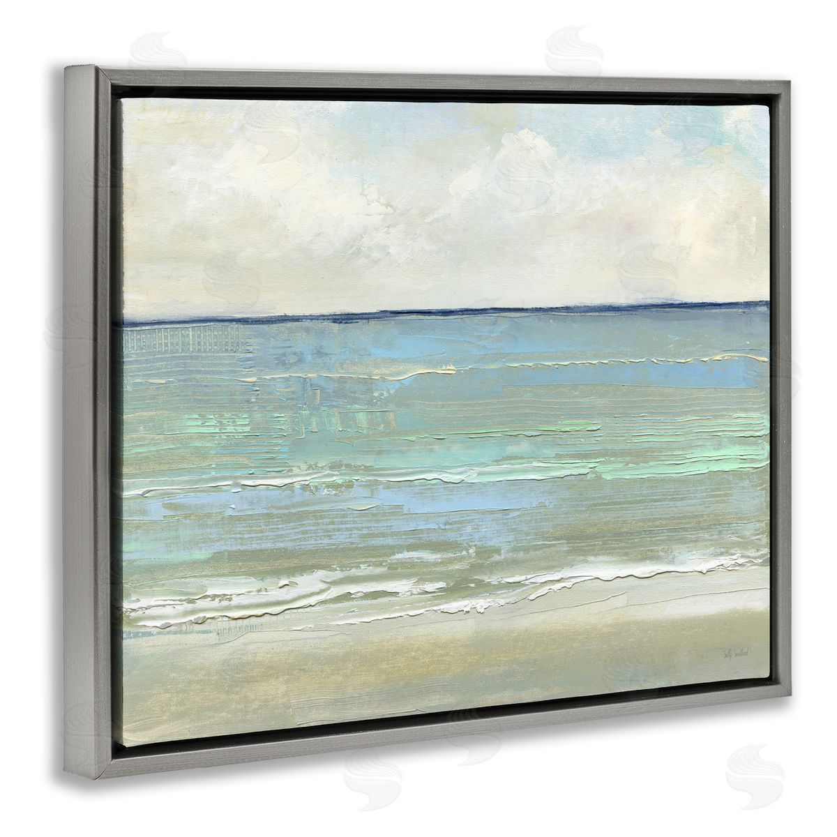 Horizontal Beach Brush Strokes Grey Floating Frame Canvas Wall Art, Home Decor by Sally Swatland