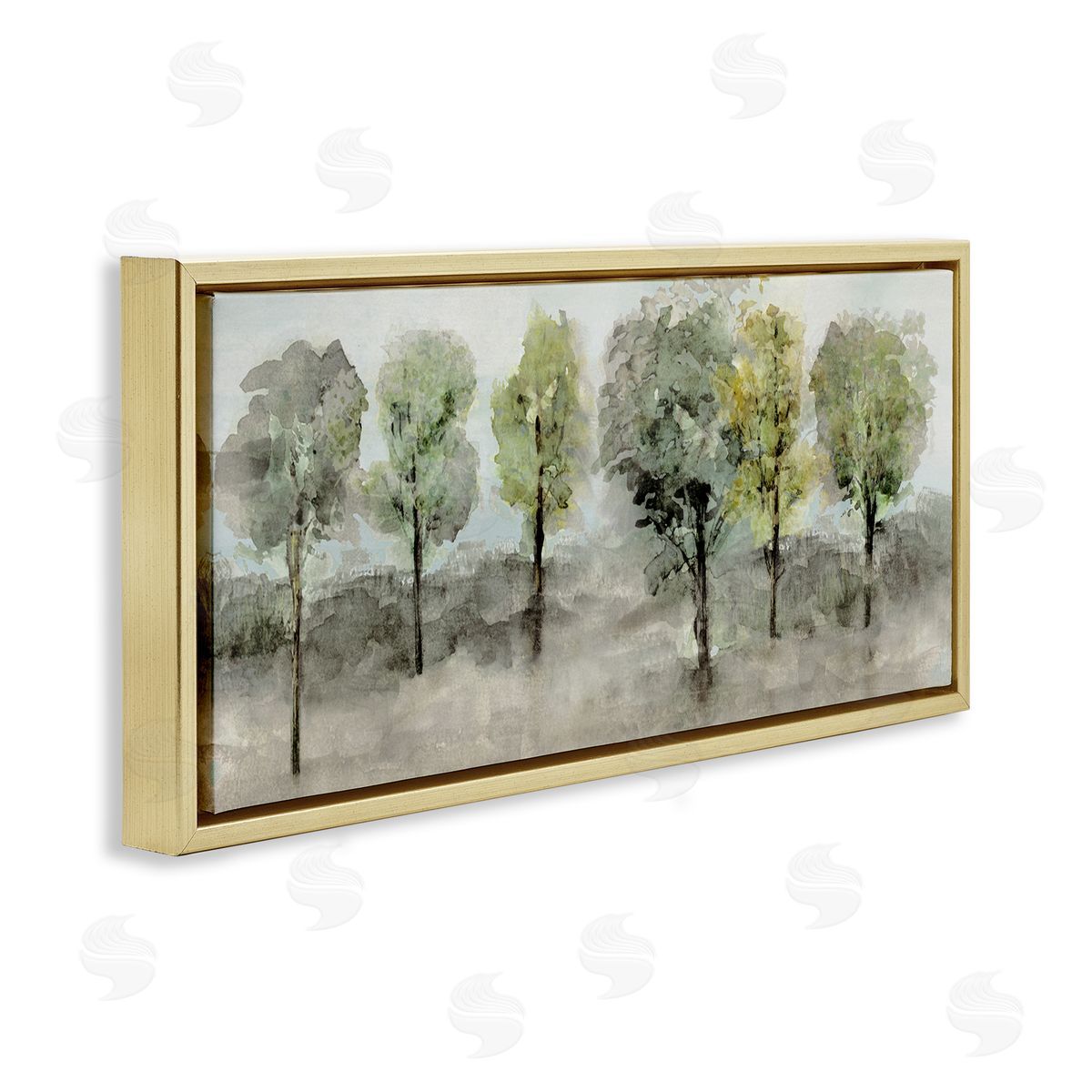 Splashed Watercolor Trees Gold Floating Frame Canvas Wall Art, Home Decor by Val Rhodes