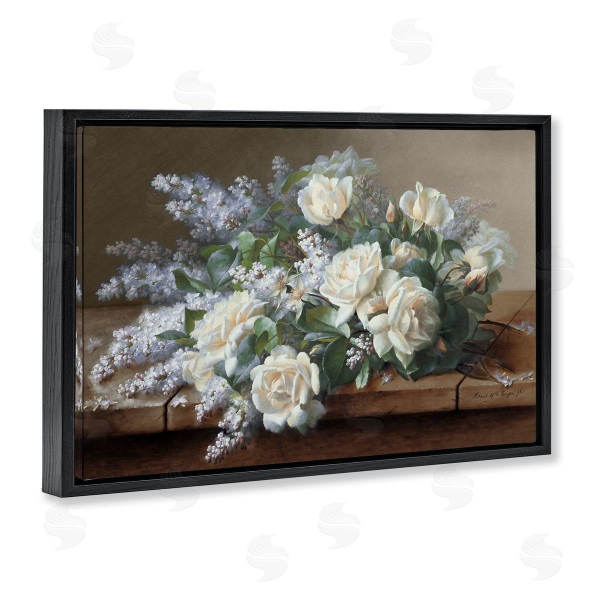 White Vintage Roses Black Floating Frame Canvas Wall Art, Home Decor by Raoul De Longpre