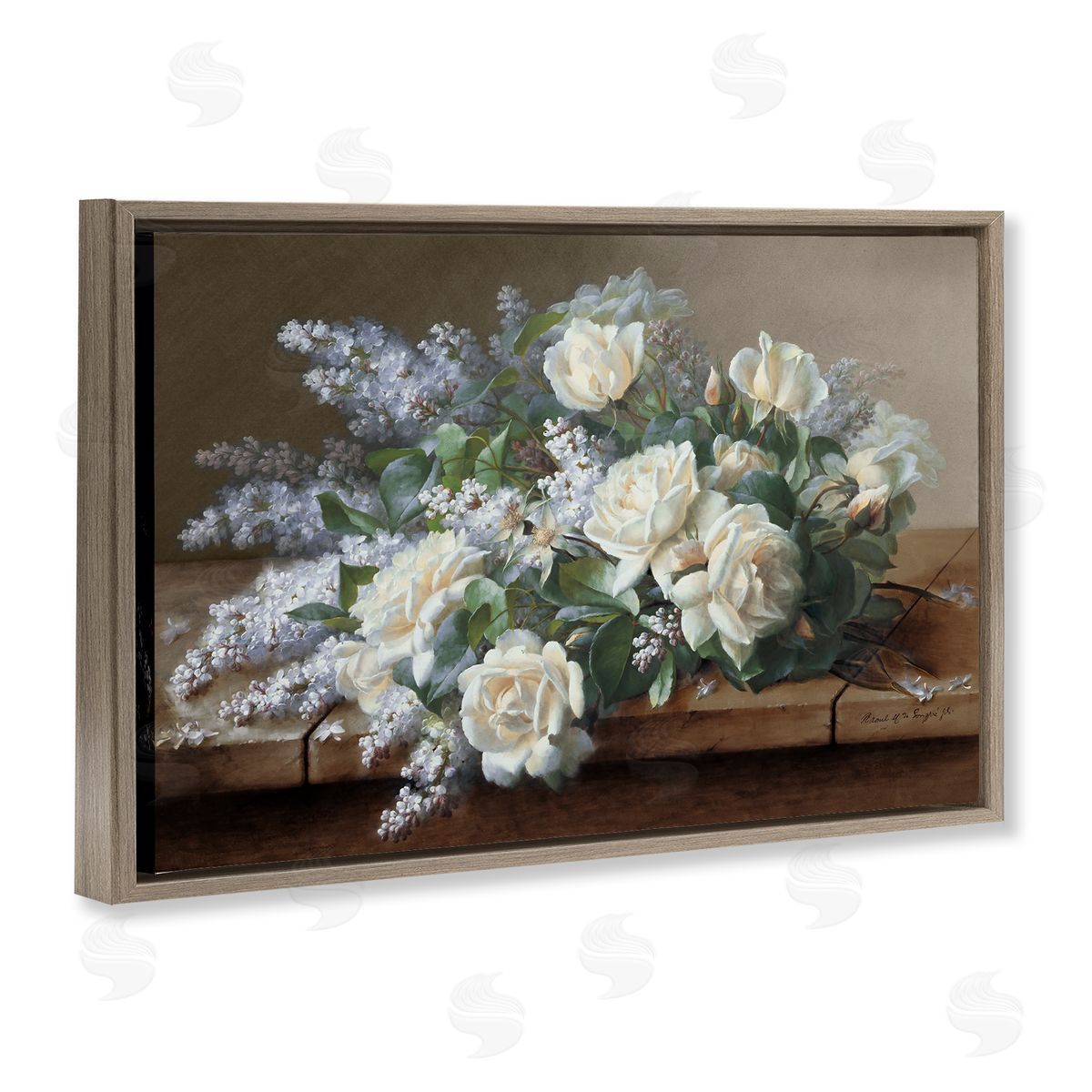 White Vintage Roses Brown Floating Frame Canvas Wall Art, Home Decor by Raoul De Longpre