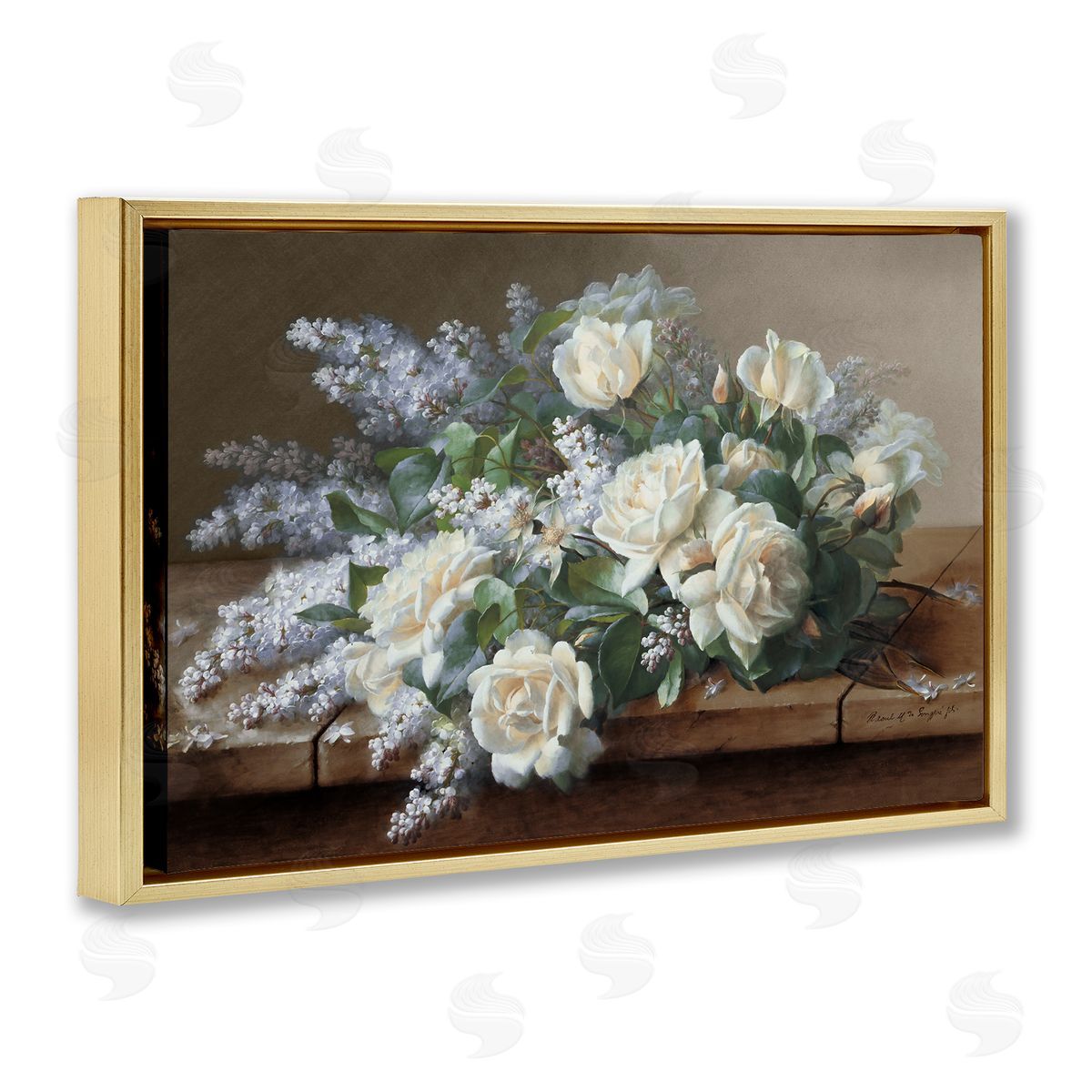 White Vintage Roses Gold Floating Frame Canvas Wall Art, Home Decor by Raoul De Longpre