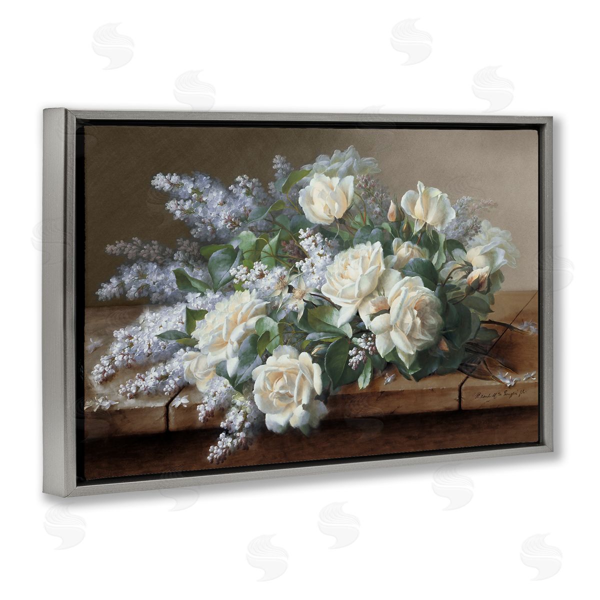 White Vintage Roses Grey Floating Frame Canvas Wall Art, Home Decor by Raoul De Longpre