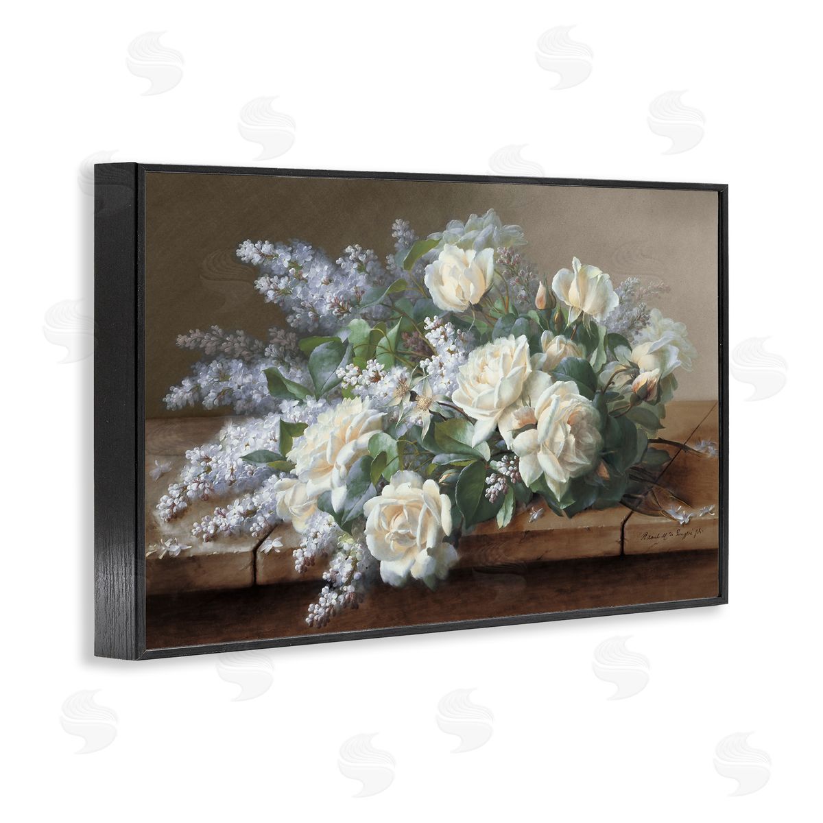 White Vintage Roses Black Frame Print Wall Art, Home Decor by Raoul De Longpre