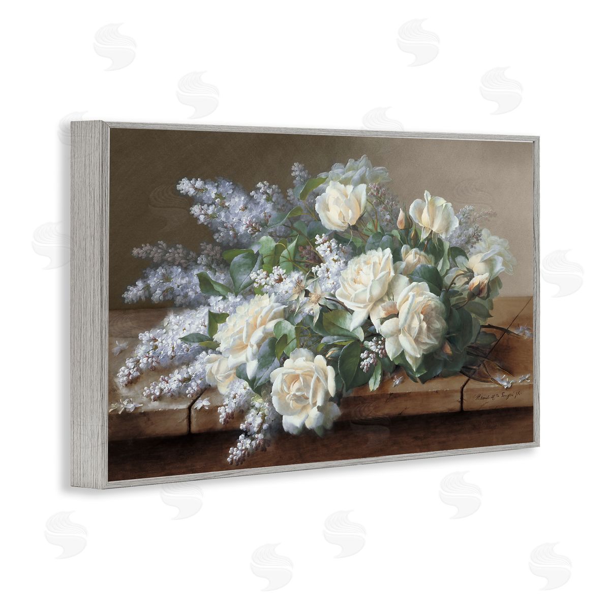 White Vintage Roses Grey Frame Print Wall Art, Home Decor by Raoul De Longpre