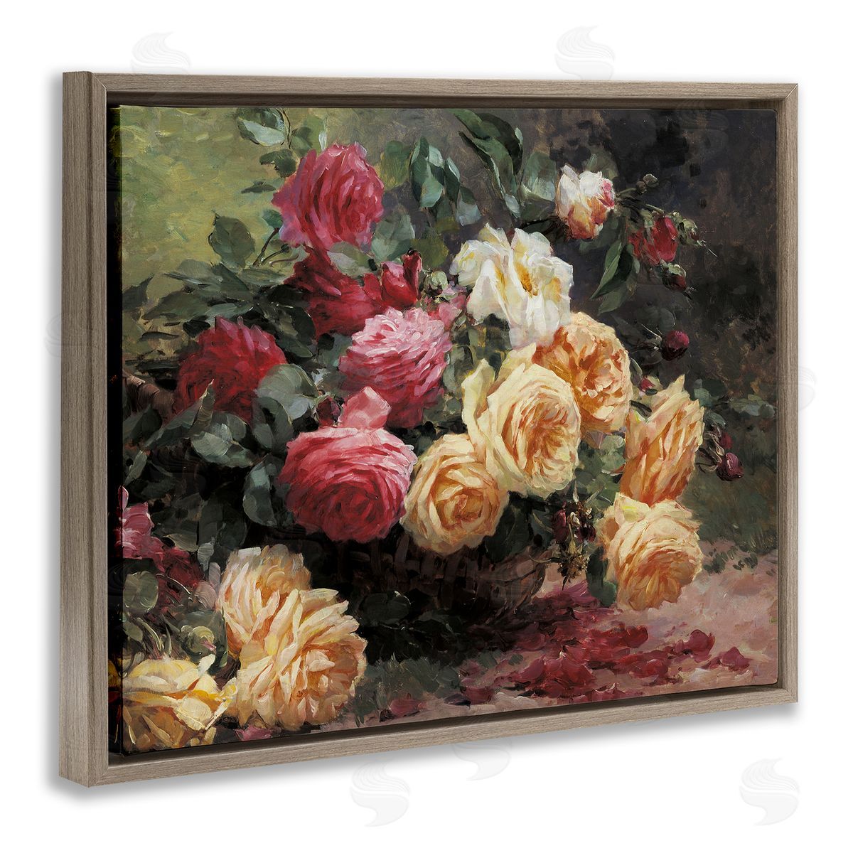 Vintages Roses Still Life Brown Floating Frame Canvas Wall Art, Home Decor by Albert-Tibulle Furcy de Lavault