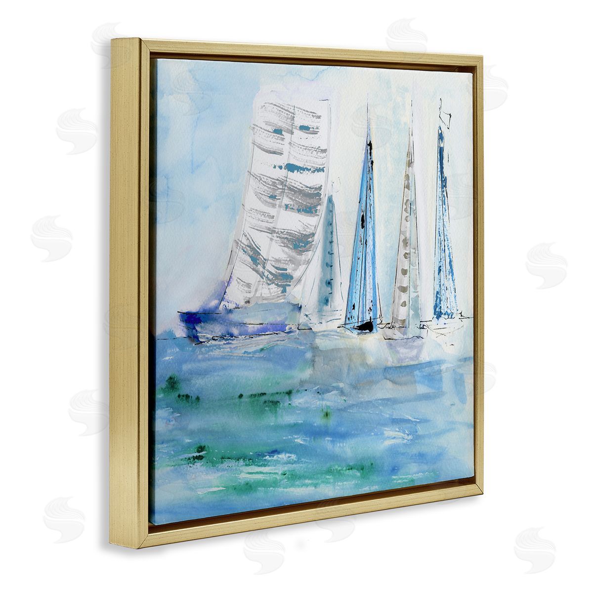 Maritime Outlined Sailboats Gold Floating Frame Canvas Wall Art, Home Decor by Val Rhodes