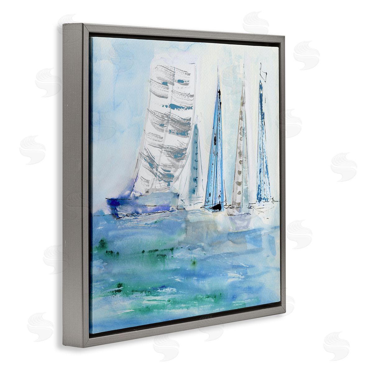 Maritime Outlined Sailboats Grey Floating Frame Canvas Wall Art, Home Decor by Val Rhodes