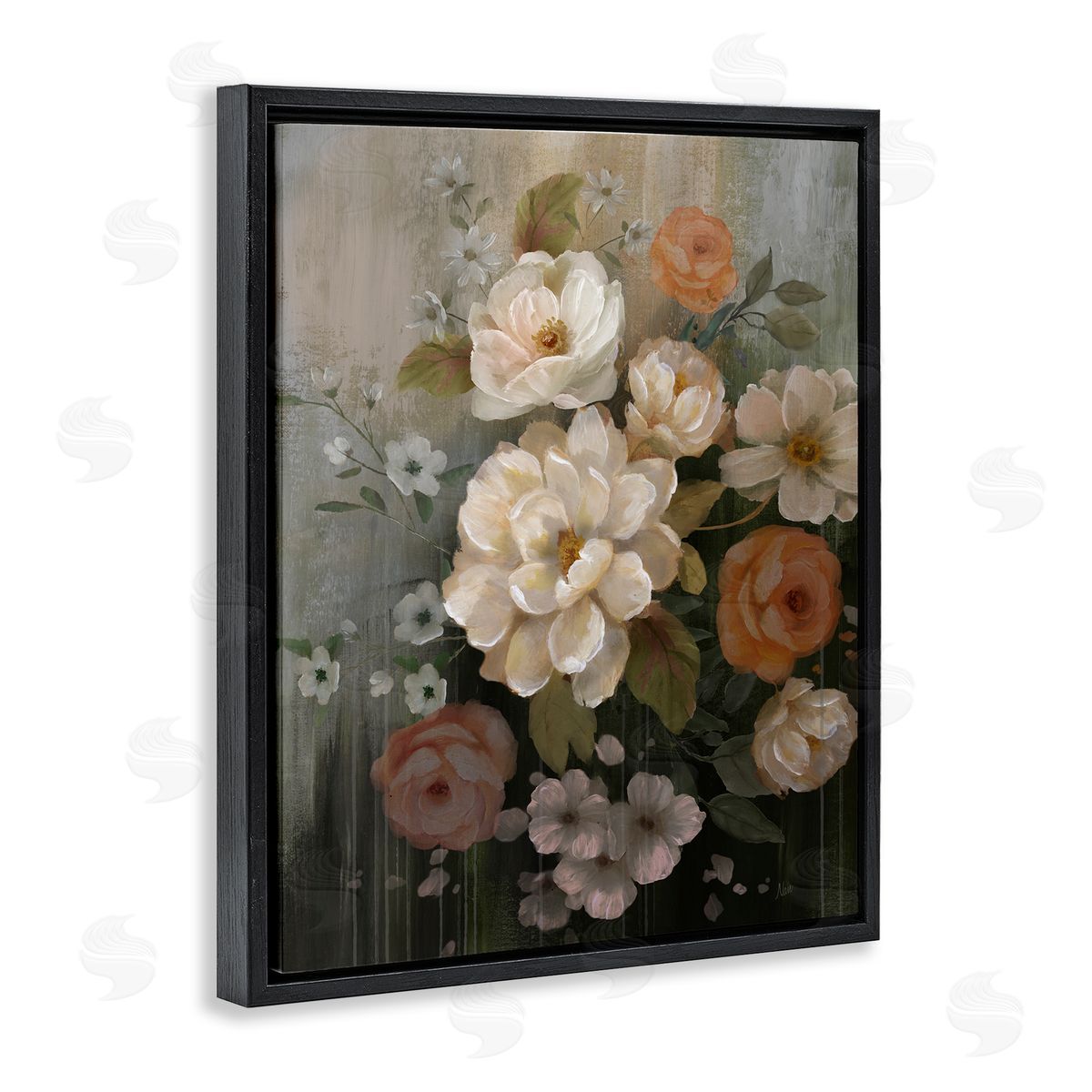 Curled Blooms with Streaks Black Floating Frame Canvas Wall Art, Home Decor by Nan