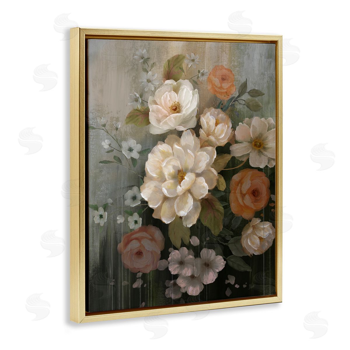 Curled Blooms with Streaks Gold Floating Frame Canvas Wall Art, Home Decor by Nan