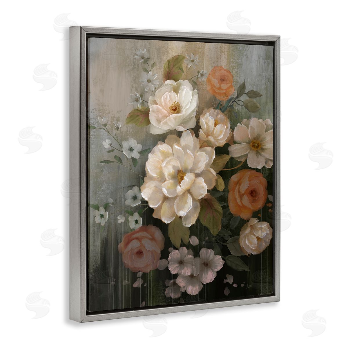 Curled Blooms with Streaks Grey Floating Frame Canvas Wall Art, Home Decor by Nan