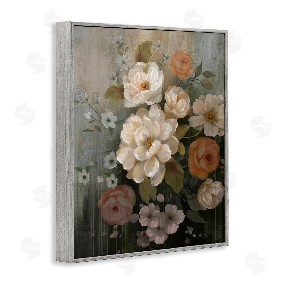 Curled Blooms with Streaks Grey Frame Print Wall Art, Home Decor by Nan