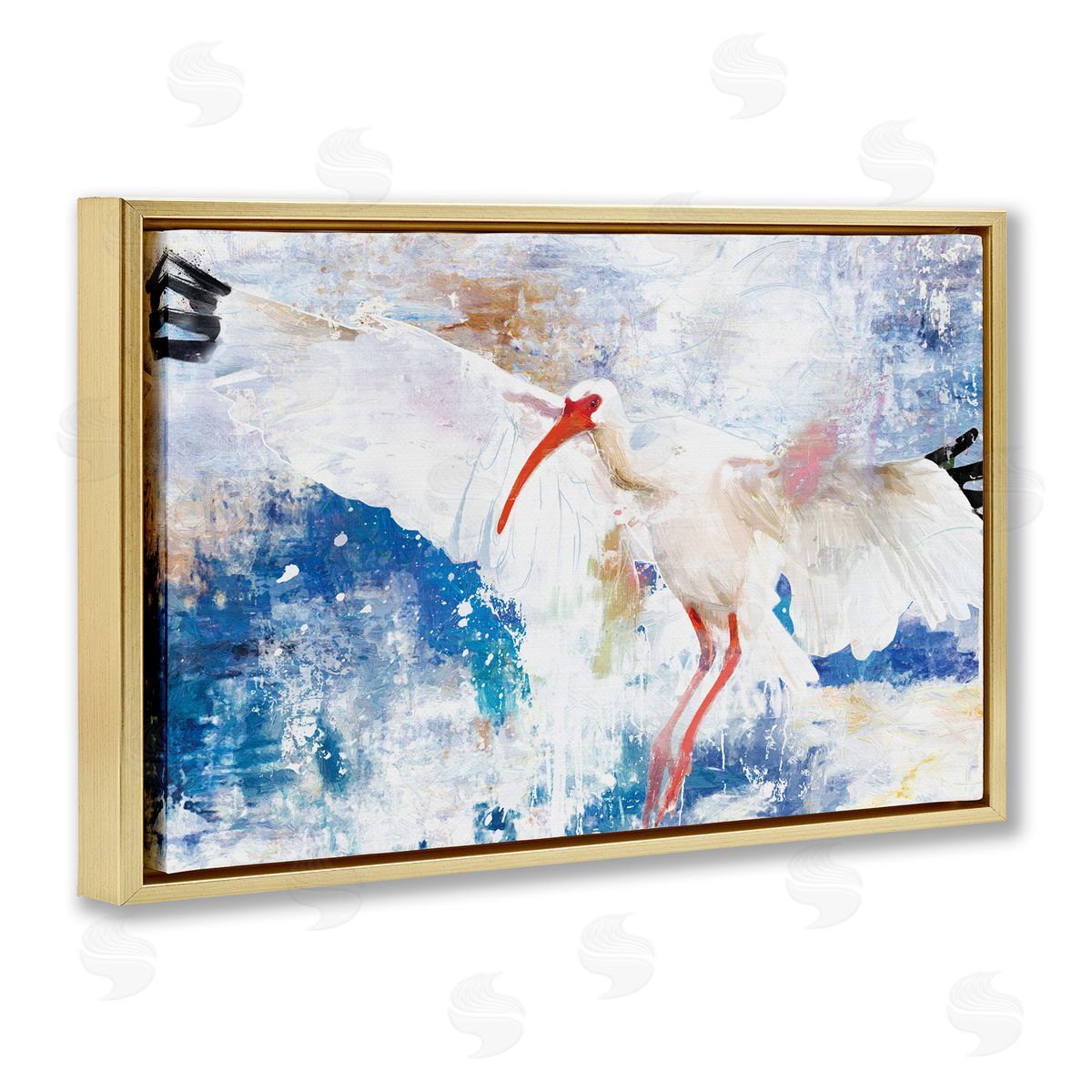 Flying Stork Bird Gold Floating Frame Canvas Wall Art, Home Decor by Porter Hastings