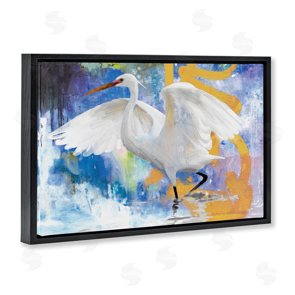 Egret & Abstract Splash Black Floating Frame Canvas Wall Art, Home Decor by Porter Hastings