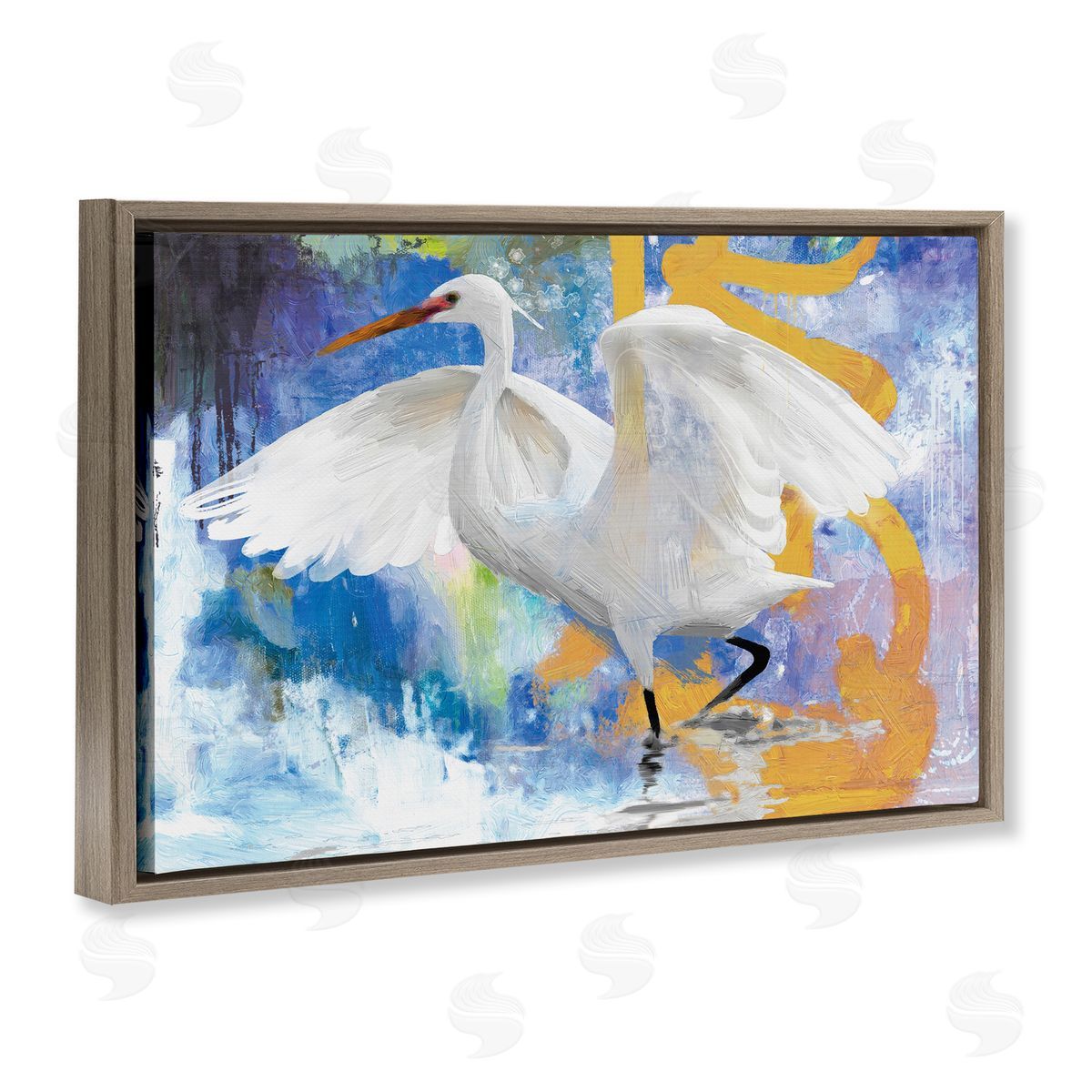 Egret & Abstract Splash Brown Floating Frame Canvas Wall Art, Home Decor by Porter Hastings