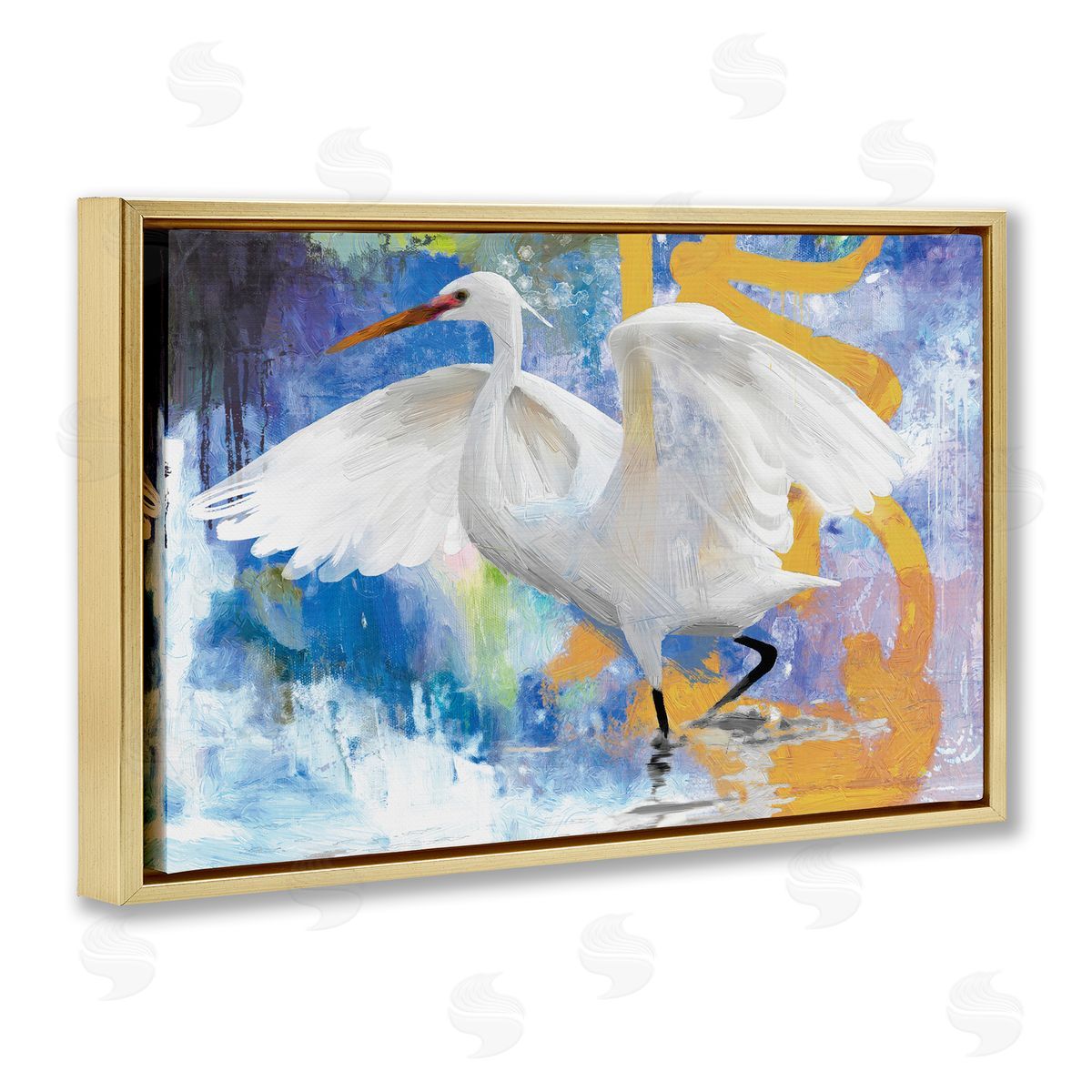 Egret & Abstract Splash Gold Floating Frame Canvas Wall Art, Home Decor by Porter Hastings