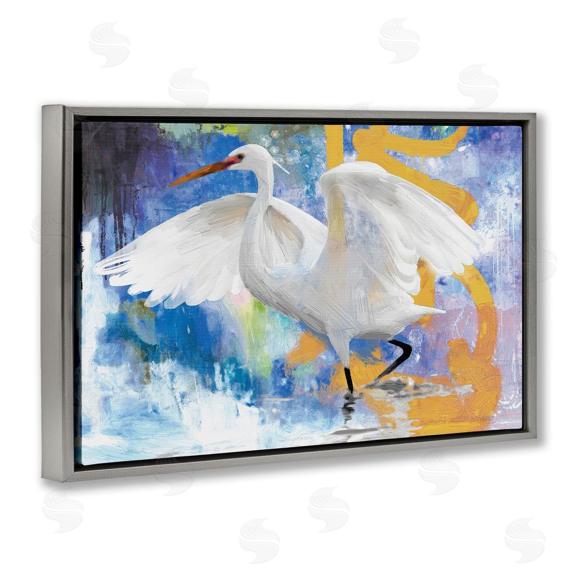 Egret & Abstract Splash Grey Floating Frame Canvas Wall Art, Home Decor by Porter Hastings