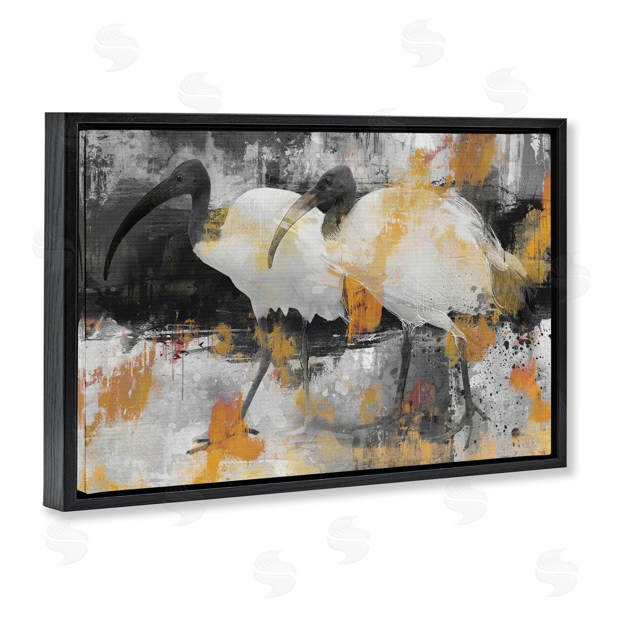 Grey & Yellow Modern Birds Black Floating Frame Canvas Wall Art, Home Decor by Porter Hastings
