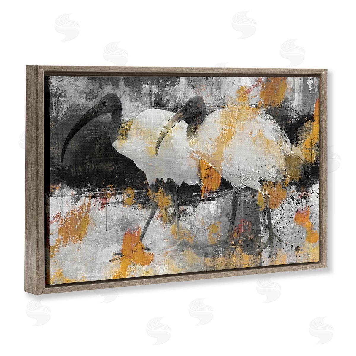 Grey & Yellow Modern Birds Brown Floating Frame Canvas Wall Art, Home Decor by Porter Hastings