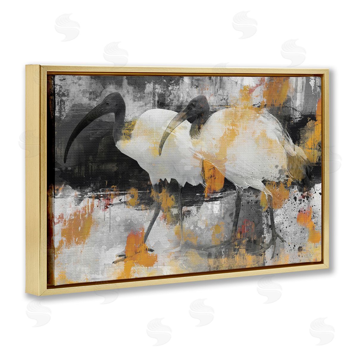 Grey & Yellow Modern Birds Gold Floating Frame Canvas Wall Art, Home Decor by Porter Hastings